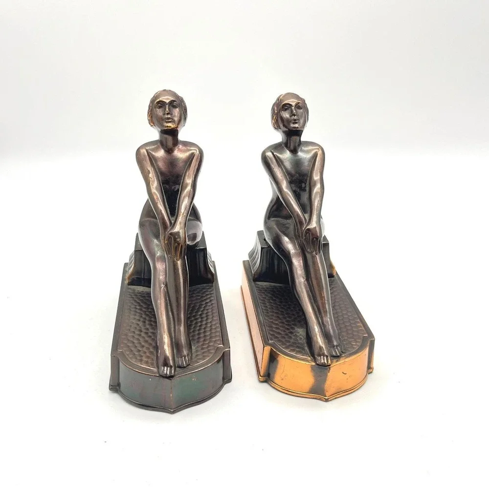 Vintage Art Deco Bronze Tone Clad Seated Nude Female Bookends Japan Pair Patina